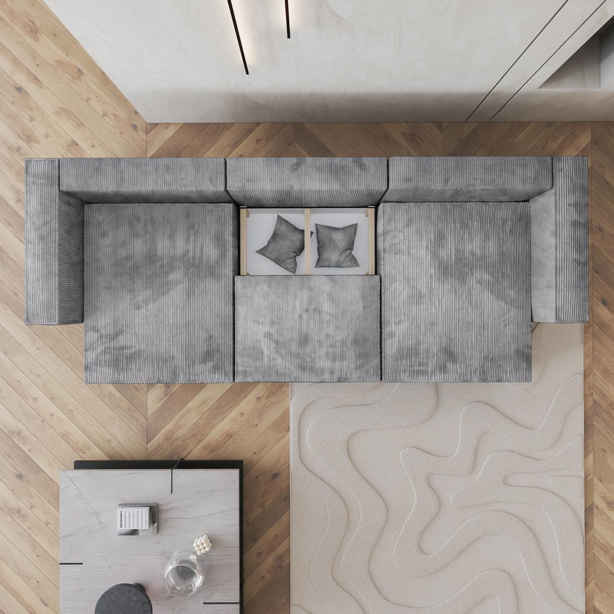 WOHNLANDSCHAFT SARMO P Hellgrau Kordstoff mit Schlaffunktion - Hellgrau/Grau, Holz/Kunststoff (347/70/148cm) - MASSENO