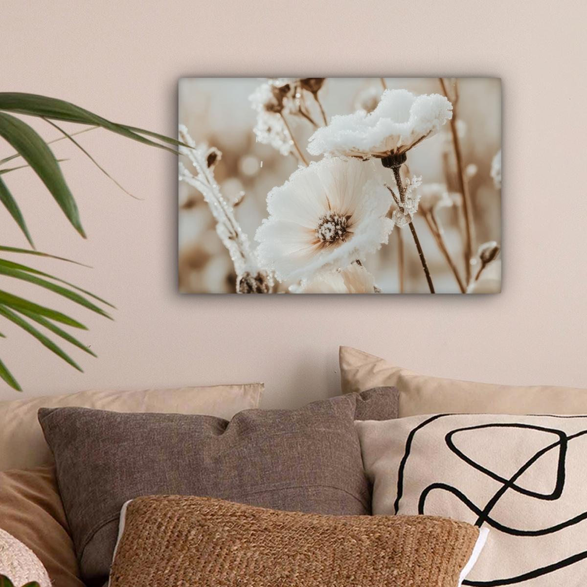 LEINWANDBILD Blumen - Winter - Weiß - Schnee - Beige Deko Schlafzimmer 30x20 cm - Creme, Textil (30/20cm) - MuchoWow