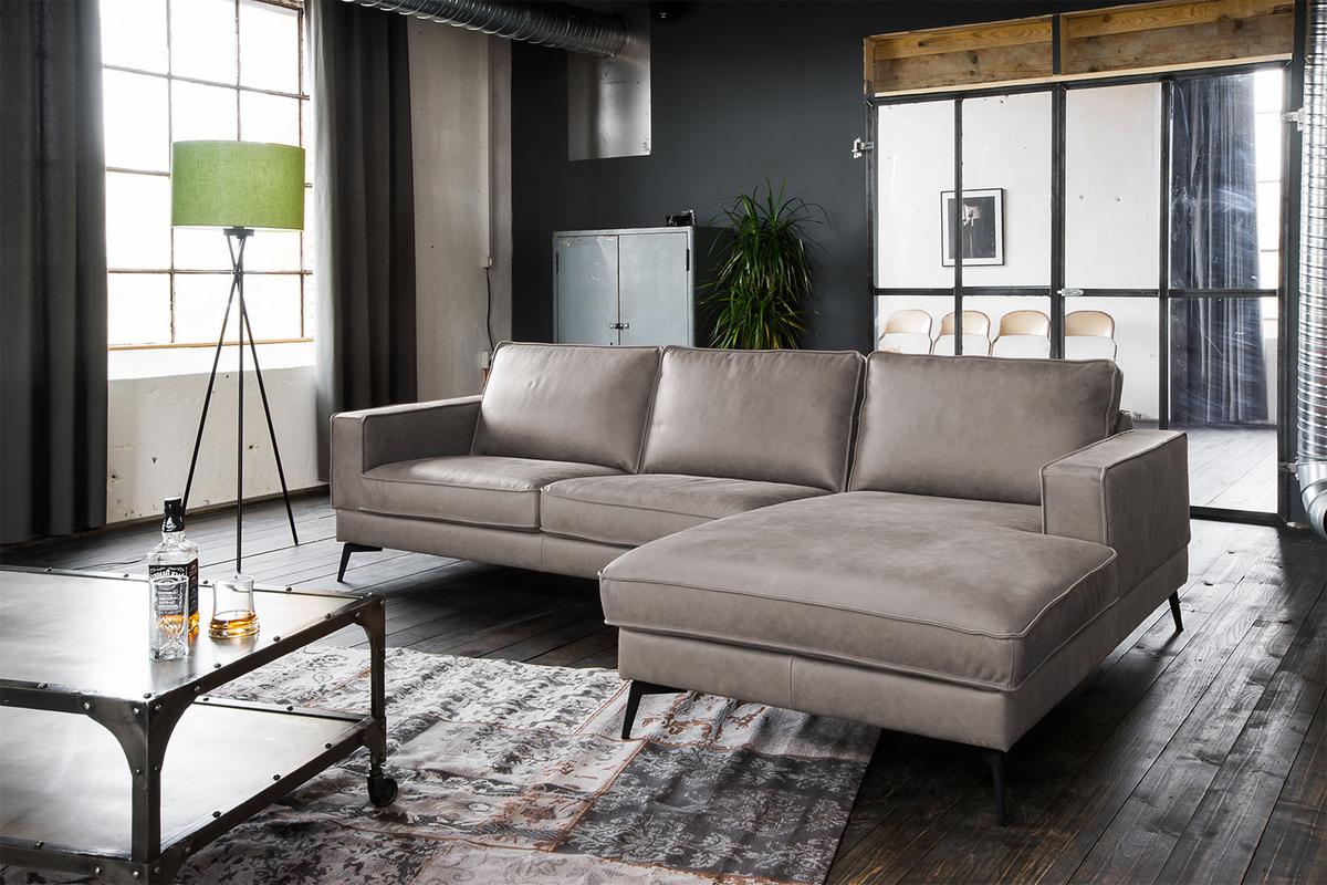 ECKSOFA BLOOM Hellgrau Leder - Hellgrau/Schwarz, Leder/Metall (276/177cm) - KAWOLA
