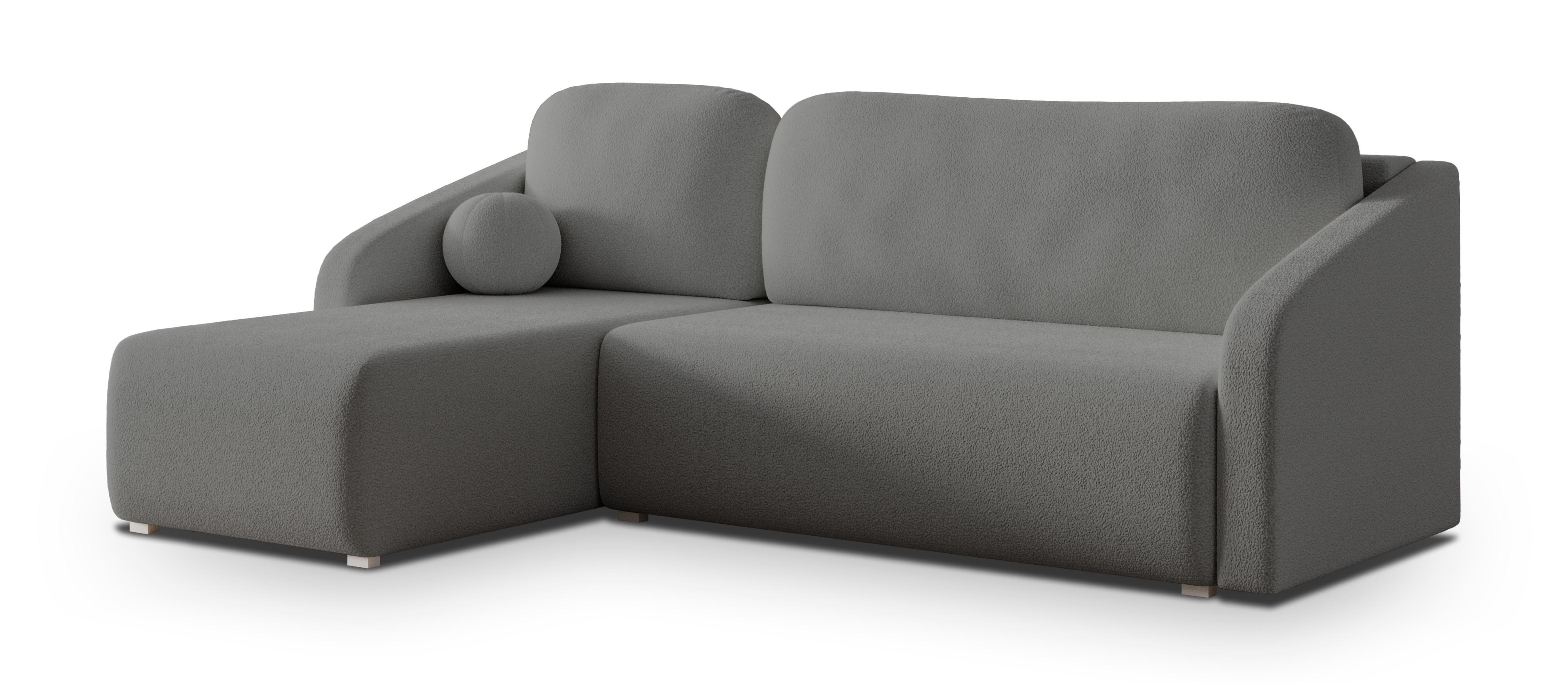 ECKSOFA MARELLO Grau Boucle-Stoff mit Schlaffunktion - Grau, Holz (220/143cm) - MASSENO