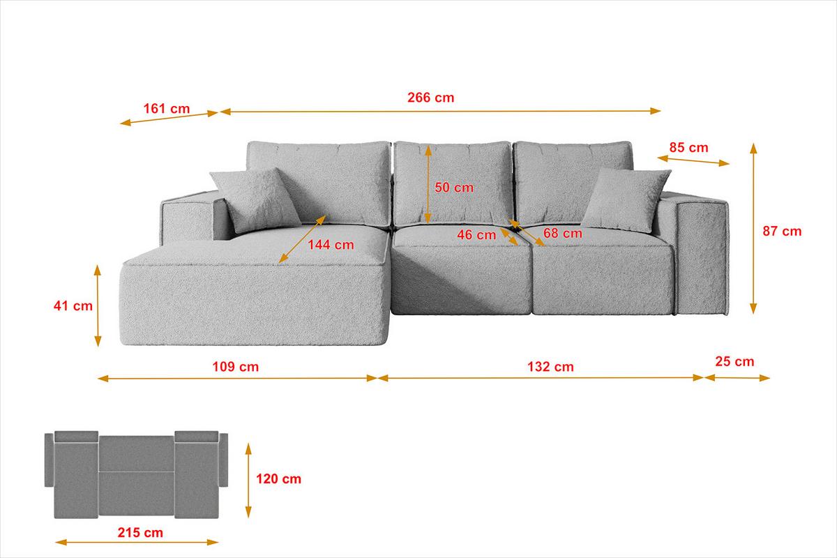 ECKSOFA mit Schlaffunktion und Bettkasten SERRA-L-S - 266x161x87 cm Hellgrau Bouclé - Hellgrau/Schwarz, Holzwerkstoff/Kunststoff (266/161cm) - ALTDECOR