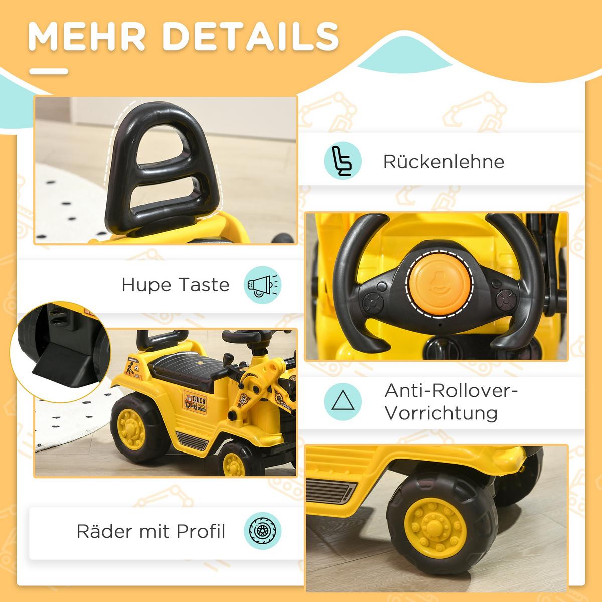 SITZBAGGER mit eingebautem Ablagefach Kinder Rutschauto traktor mit Hupe - Gelb, Kunststoff (26.5/39/80cm) - HOMCOM