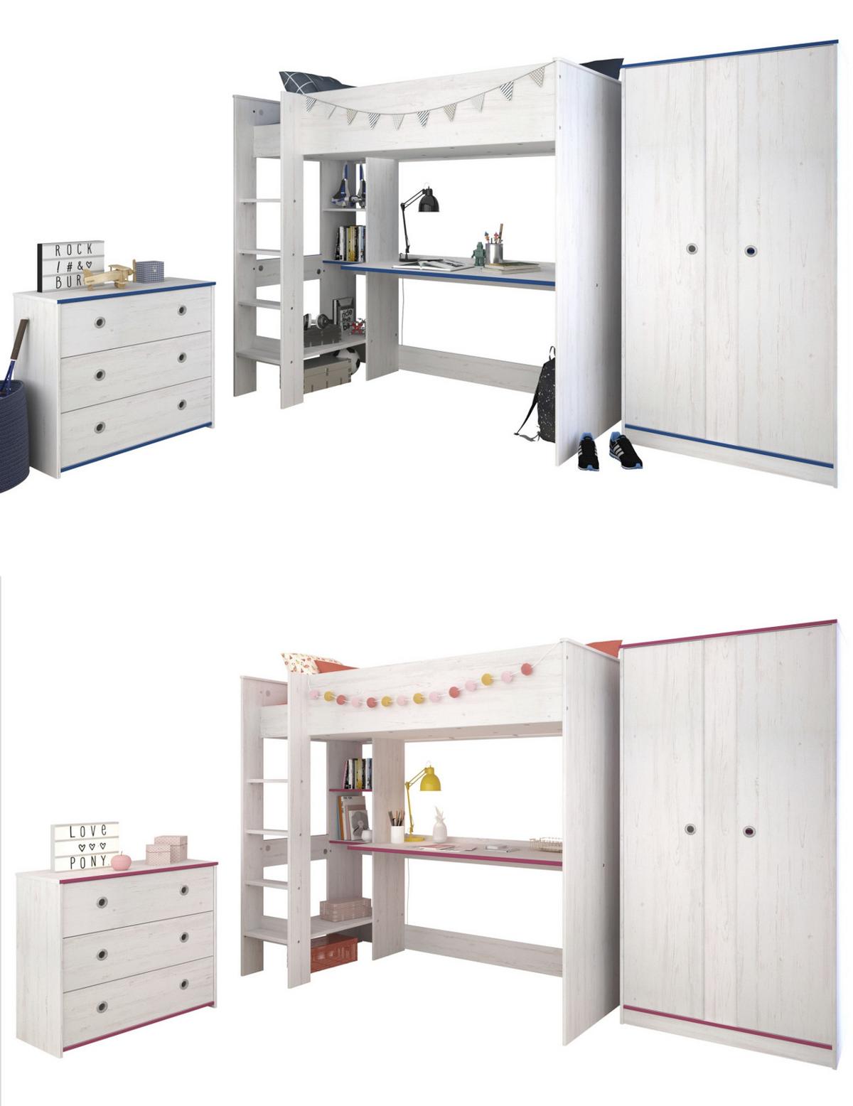 KINDERZIMMER Set Hochbett Schreibtisch Kommode Kleiderschrank - Blau/Weiß, Holz/Holzwerkstoff (206/182/108cm) - Parisot Meuble