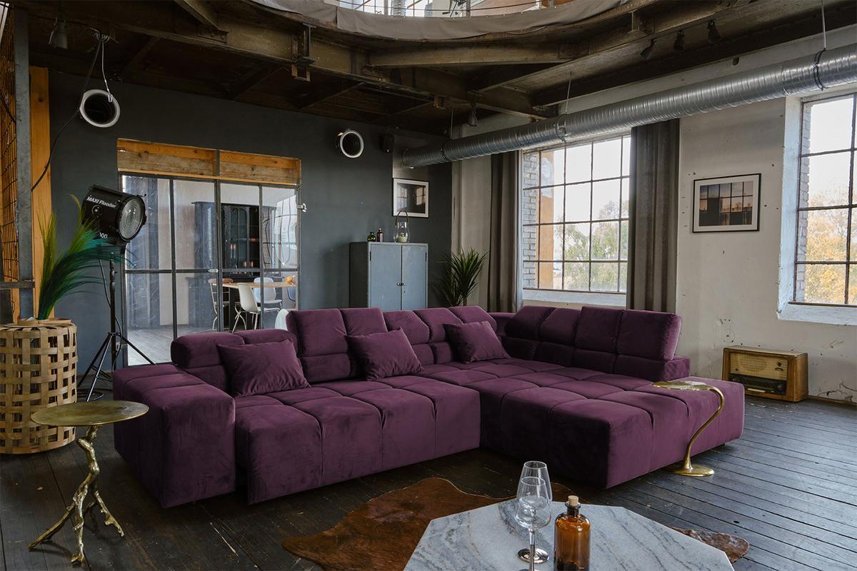 ECKSOFA MIT MOTORISCHEM SITZVORZUG NEVADA Violett Velvet Relaxfunktion - Violett/Schwarz, Textil (319/215cm) - KAWOLA