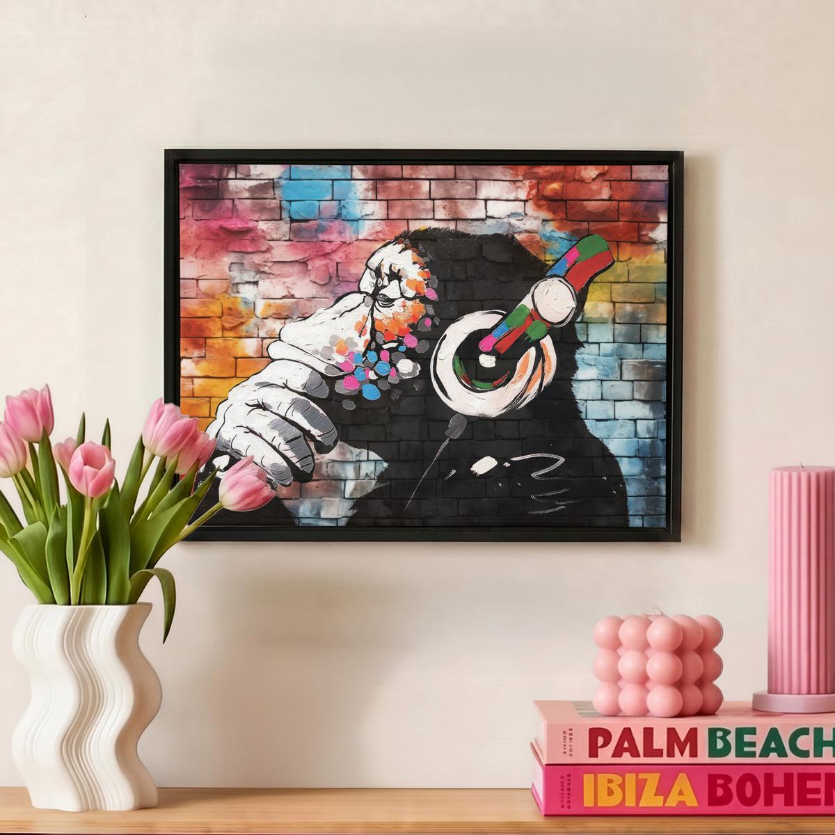LEINWAND Bilder mit Rahmen - Affe - Graffiti - Musik - 40x30 - Multicolor, Textil (40/30cm) - MuchoWow