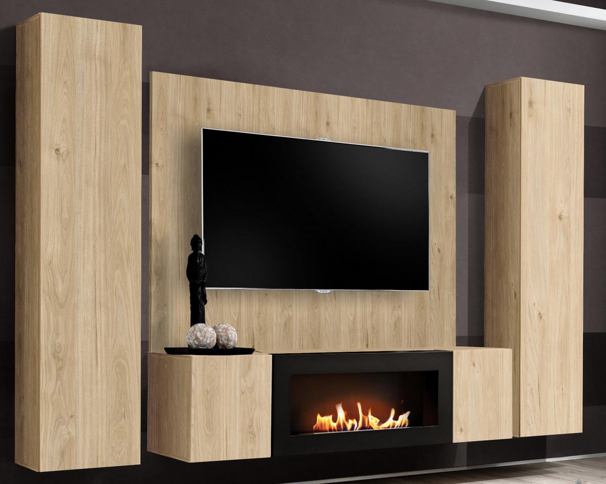 WOHNWAND Eiche Jackson 4-teilig 260 cm hängend, Schrankwand mit Ethanol Kamin - Eichefarben, Holzwerkstoff (260/170/40cm) - Inn.Furn