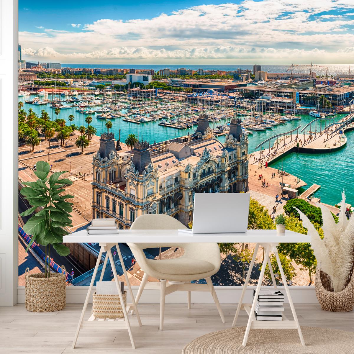 FOTOTAPETE für Wohnzimmer Barcelona Hafen Boote Denkmäler 100x70 - Türkis/Beige, Papier (100/70cm) - Muralo