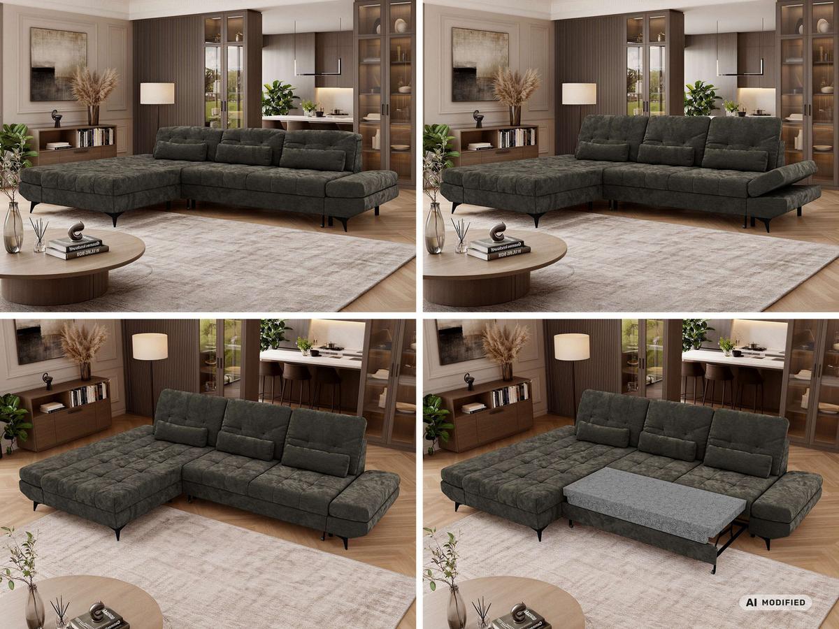 ECKSOFA ALVENO L - Dunkelgrau Schenille glatt - Links Seite - Dunkelgrau/Schwarz, Textil/Metall (218/344cm) - MKS