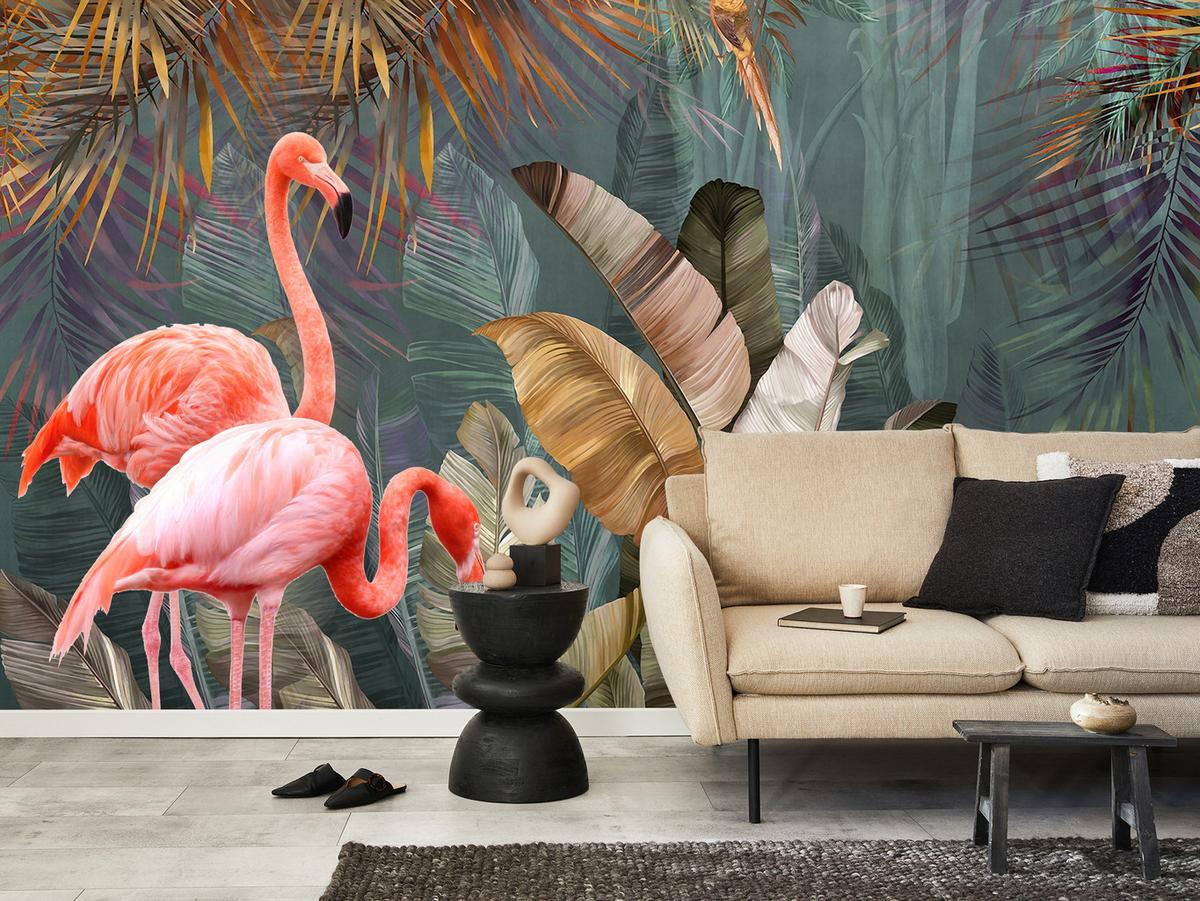 FOTOTAPETE für Wohnzimmer Flamingos Dschungel Blätter Tropisch 100x70 - Multicolor, Papier (100/70cm) - Muralo