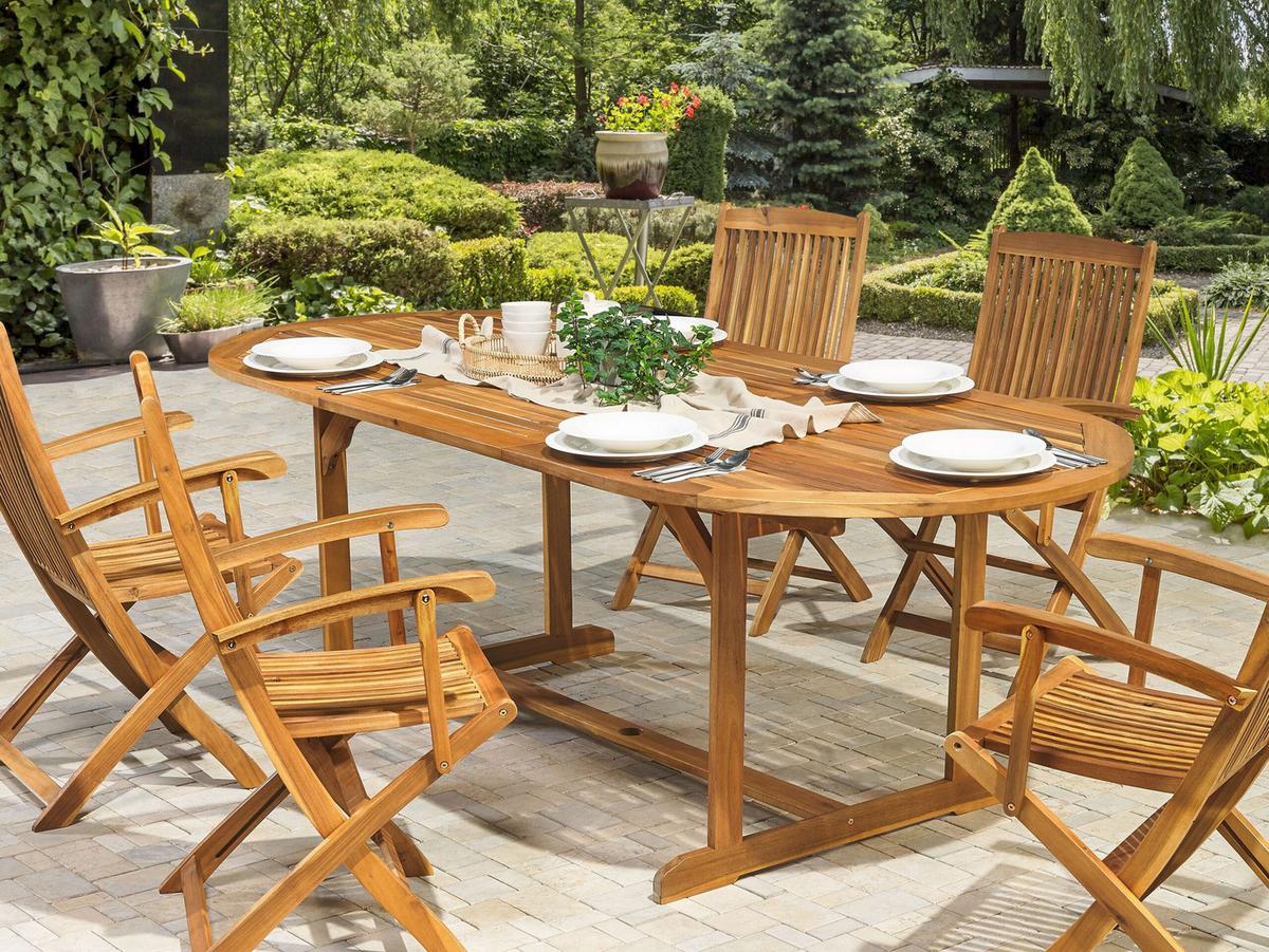 GARTENTISCH Akazienholz hellbraun 160/220/100 cm ausziehbar Maui - Hellbraun, Holz (160/100/74cm) - Beliani