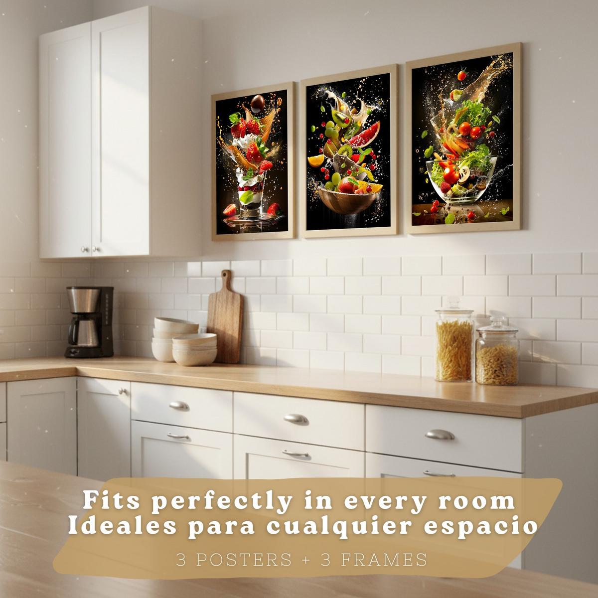 POSTER 3er Set Küchen-Wandbilder Dessert Salat und Obst Splash Fotografie Schwarzer Hintergrund Esszimmer Leichter Holzrahmen A3 - Beige, Papier (29.7/1/42cm) - Nacnic