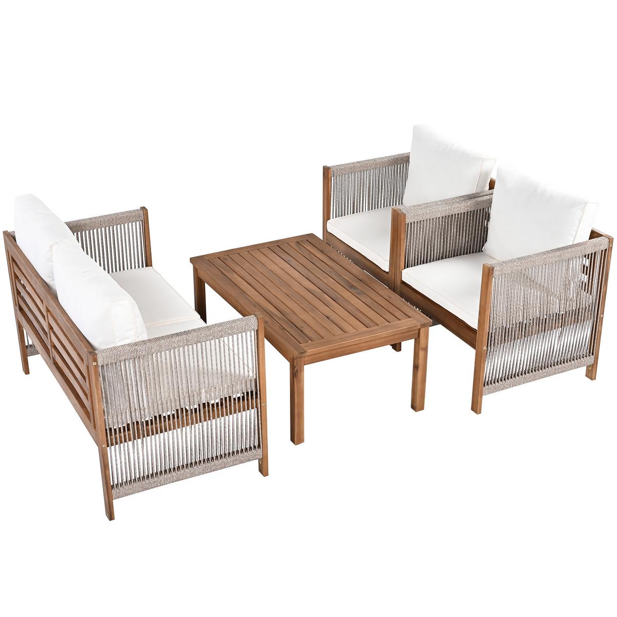 LOUNGEGARNITUR 4-tlg. Akazie & Seil Beige Gartensofa mit Tisch, 2 Sesseln & Kissen - Beige, Textil - Urban Meuble