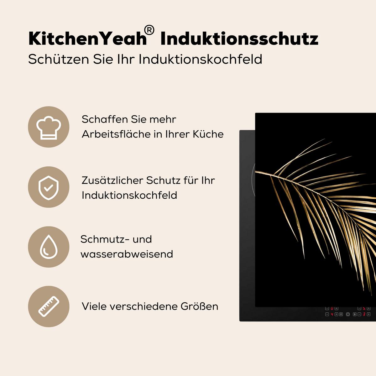 HERDABDECKPLATTE Blätter - Pflanzen - Gold - Schwarz - Luxus Ceranfeldabdeckung 80x52 cm - Goldfarben, Kunststoff (80/52/0.2cm) - MuchoWow