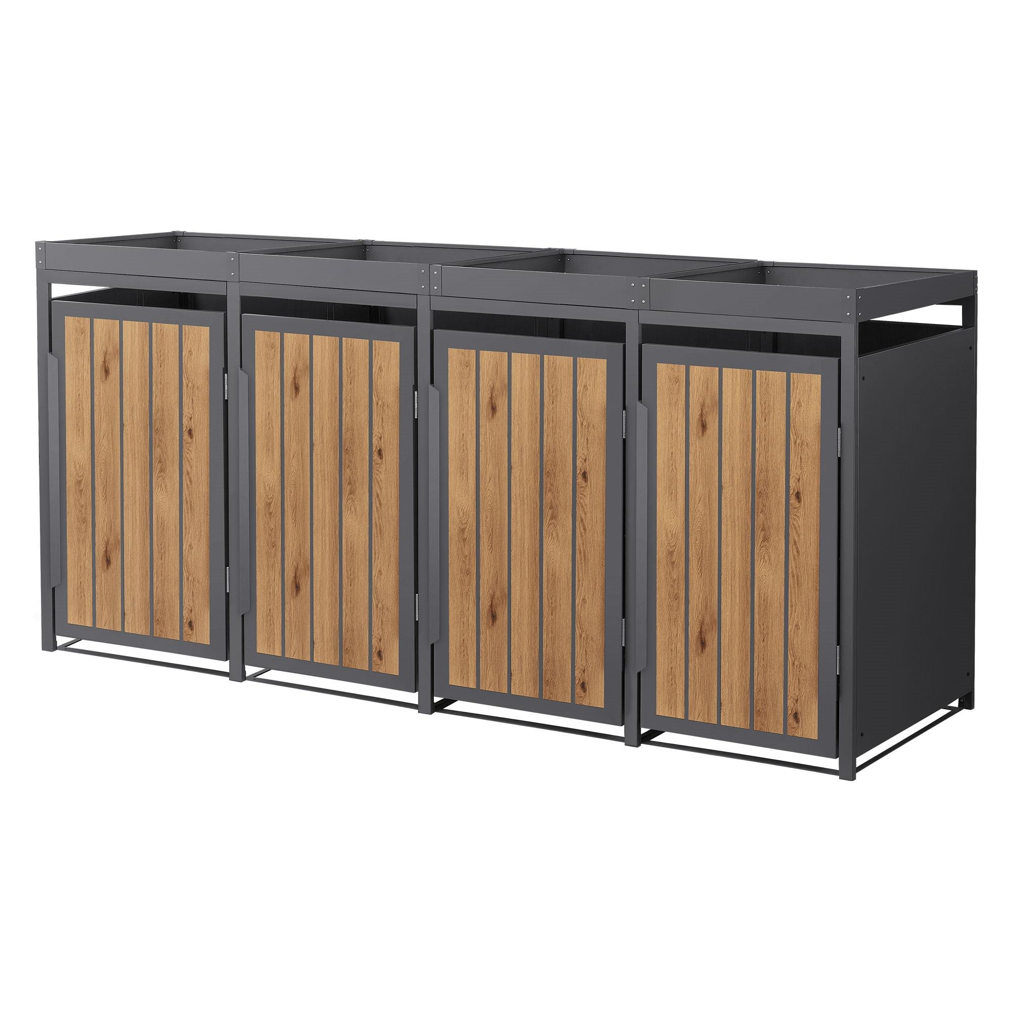 MÜLLTONNENBOX 4er mit Pflanzdach 240L Anthrazit-Holzoptik aus Stahl - Hellbraun, Metall (80/124/260cm) - ML-DESIGN