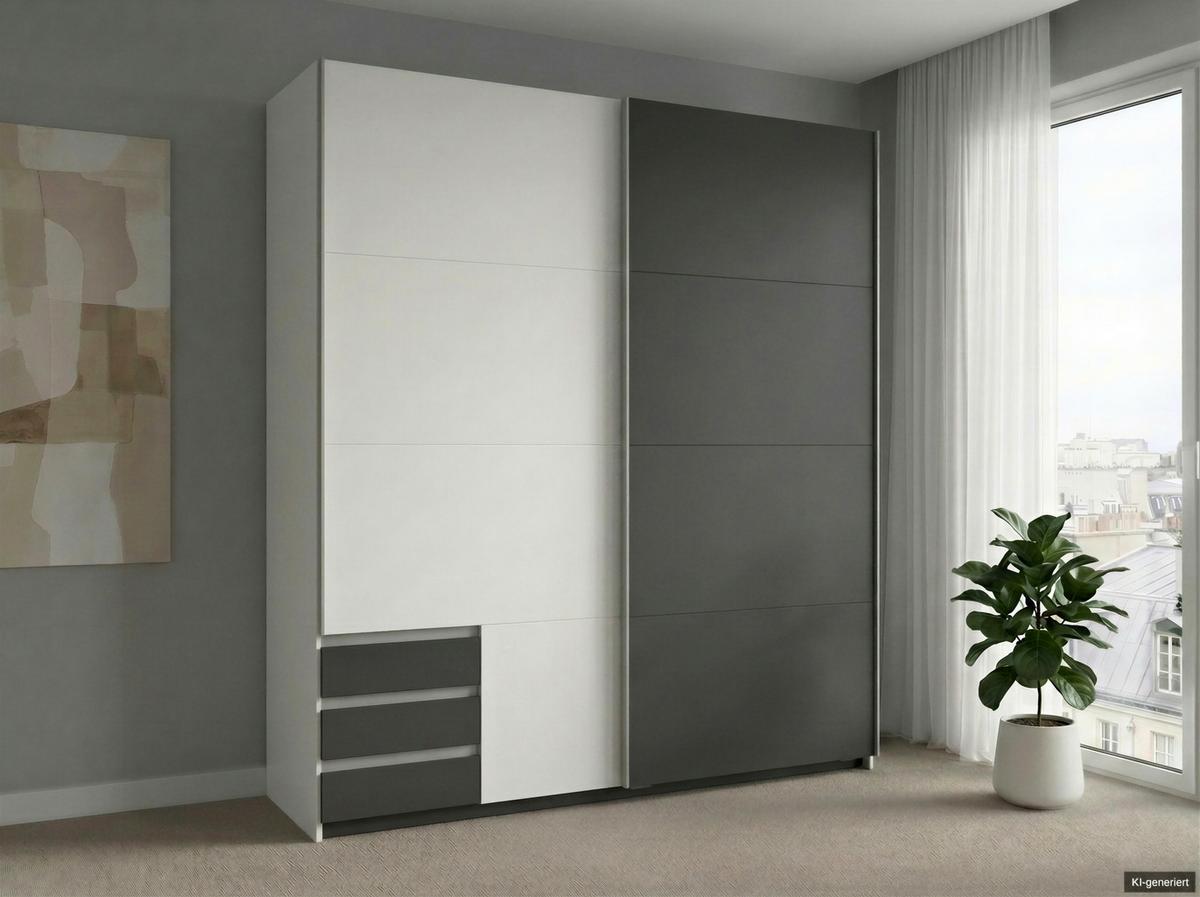 SCHWEBETÜRENSCHRANK 2-türig B179/H198/T65 cm, Kleiderschrank in Weiß, 1x Tür & sichtbare Schubkästen in Grafit / 22689 - Graphitfarben/Alufarben, Holz/Holzwerkstoff (179/198/65cm) - luma-home