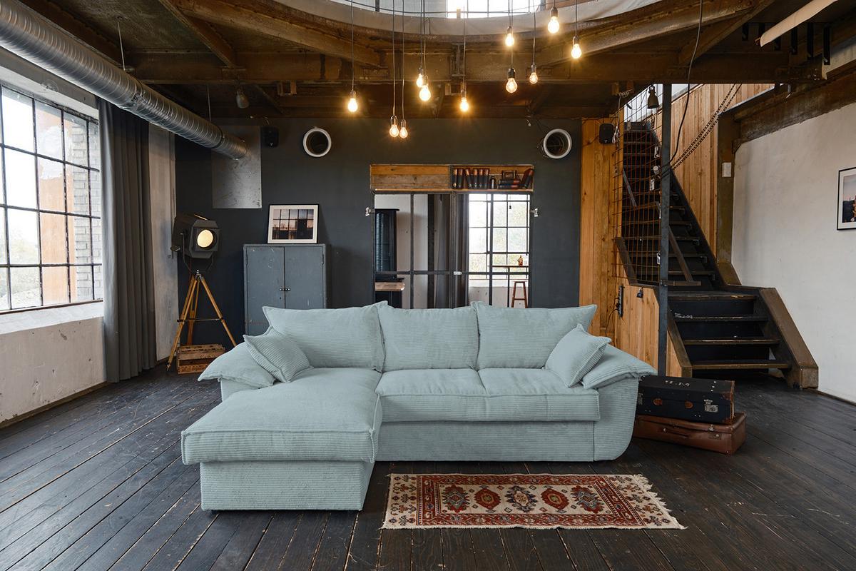 ECKSOFA DAMETO Hellblau Cord Mit Schlaffunktion - Schwarz/Hellblau, Kunststoff/Textil (266/174cm) - KAWOLA