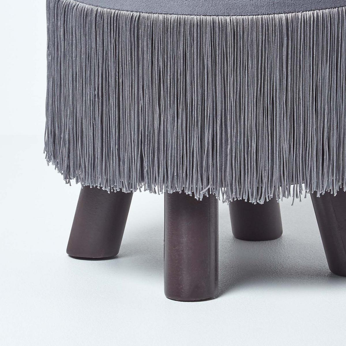 SAMT-HOCKER Warwick grau, Dreibein mit Fransen 32/32/35 cm - Grau, Textil (32/35/32cm) - Homescapes
