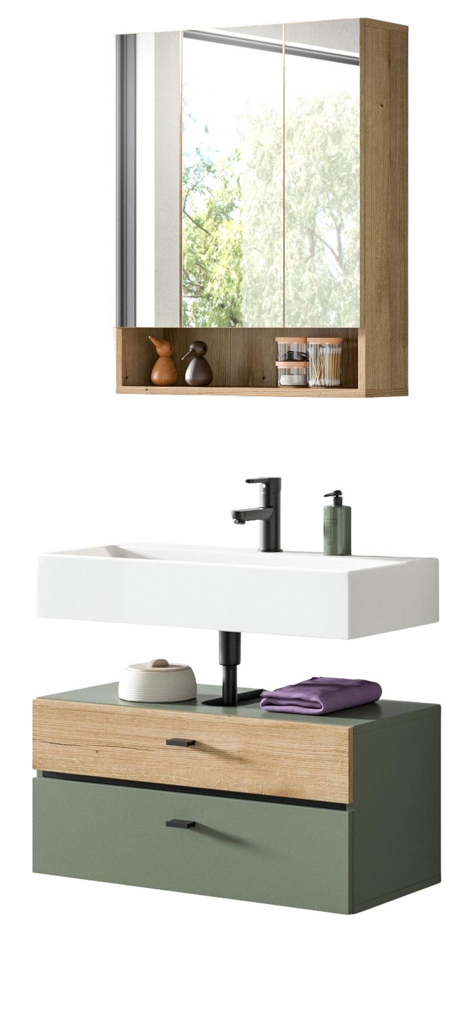 BADMÖBEL-SET grün, Evoke Eiche 2-teilig 75 cm, Badkombination in modernem Design - Eichefarben/Schwarz, Glas/Holzwerkstoff (75/191/35cm) - Inn.Furn