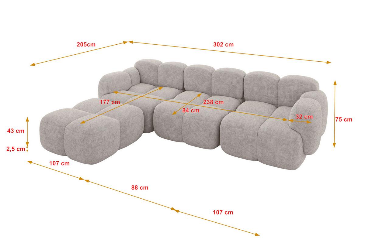 ECKSOFA modulares Sofa Links Miko-L2 302x205x75 Hellgrau Velours - Hellgrau/Schwarz, Holzwerkstoff/Kunststoff (302/205cm) - ALTDECOR