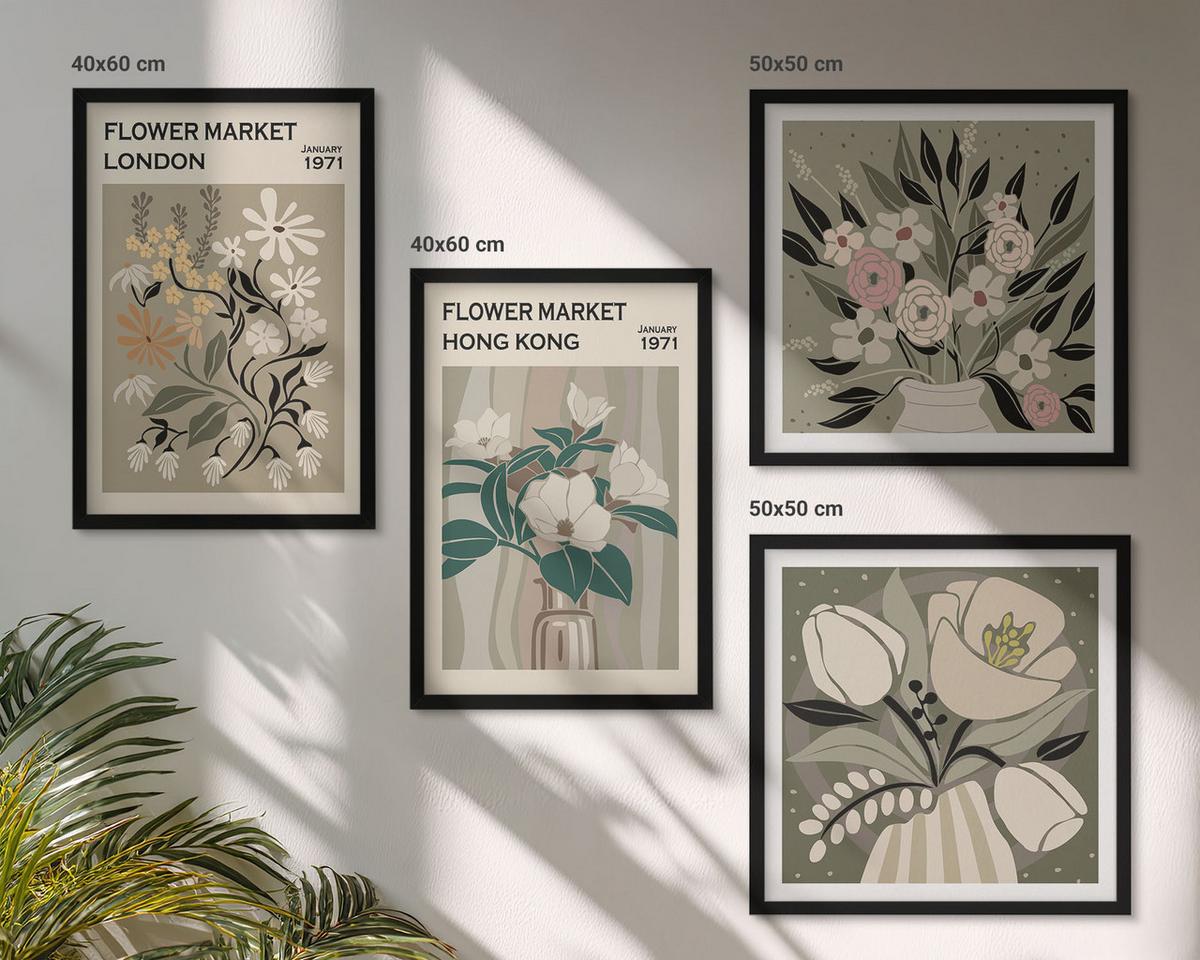 BILDER SET 4er Set - 50x50 cm & 40x60 cm Schwarzer Rahmen - Blumenillustrationen London Hongkong - Schwarz, Kunststoff (50/50cm) - TULUP