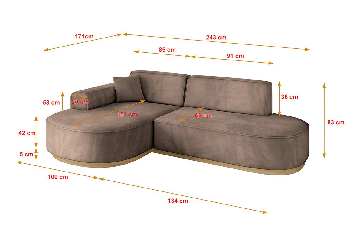 ECKSOFA Ottomane Links MARI-L1-v2 - 243x171x83 cm Braun Velours - Braun, Holzwerkstoff/Textil (243/171cm) - ALTDECOR