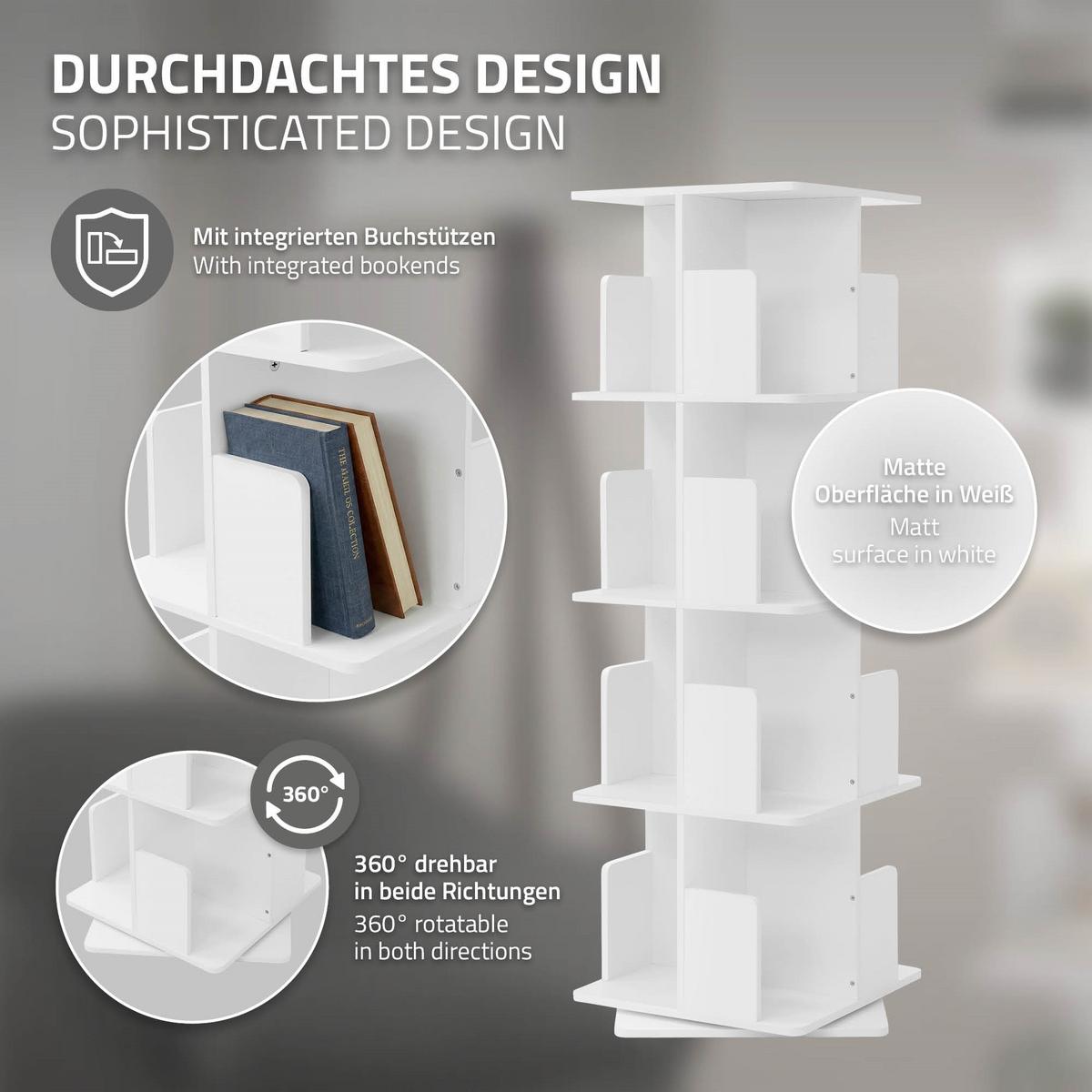 BÜCHERREGAL Kinder mit 4 Ebenen Weiß 40x124,5x40 cm Drehbar 360 Grad - Weiß, Holzwerkstoff (40/124.5/40cm) - ML-DESIGN