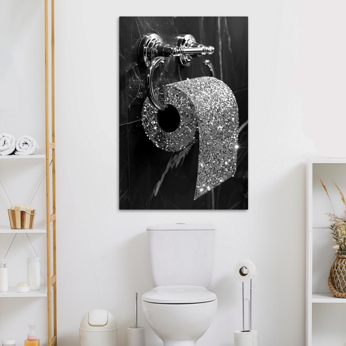 LEINWANDBILD WC - Toilettenpapier - Schwarz und weiß - Glitter Deko XXL 80x120 cm - Silberfarben, Textil (80/120cm) - MuchoWow
