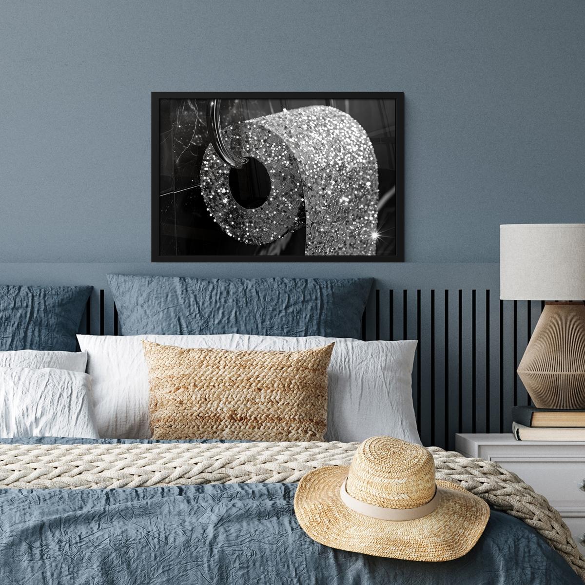 POSTER MIT RAHMENGERAHMTES BILD WC - Toilettenpapier - Schwarz und weiß - Glitter 60x40 cm - Silberfarben, Papier (60/40cm) - MuchoWow