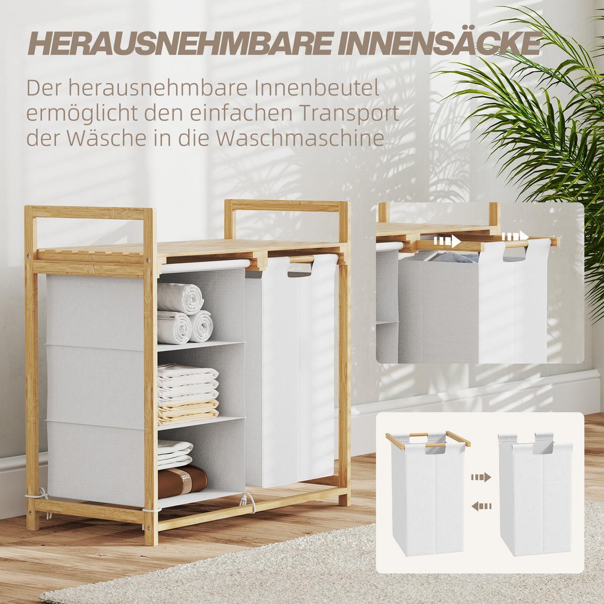WÄSCHEKORB 4 Fächer Wäschesammler mit 2 ausziehbaren Wäschesäcken Weiß - Weiß/Naturfarben, Naturmaterialien/Bambusholz (36/70/70cm) - HOMCOM