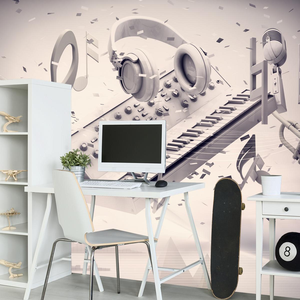 FOTOTAPETE für Jugendzimmer Modern Kollage Musik Klavier Noten Kopfhörer 350x256 - Grau, Papier (350/256cm) - Muralo