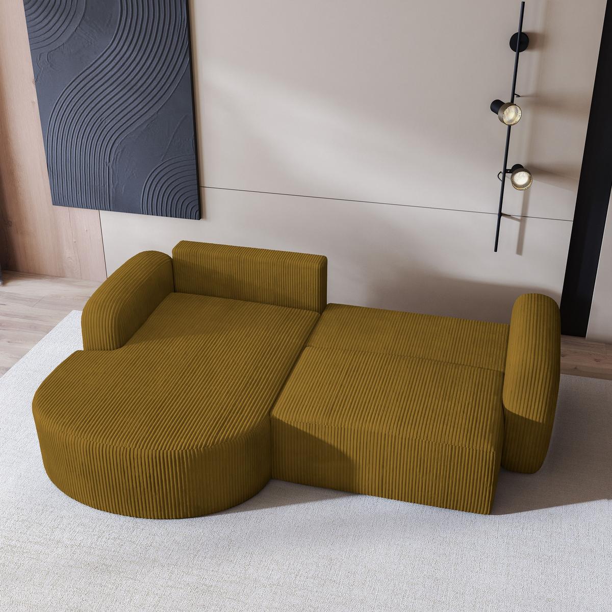 ECKSOFA AMILIA P L-S Gelb Kordstoff mit Schlaffunktion - Gelb, Holz (263/174cm) - MASSENO