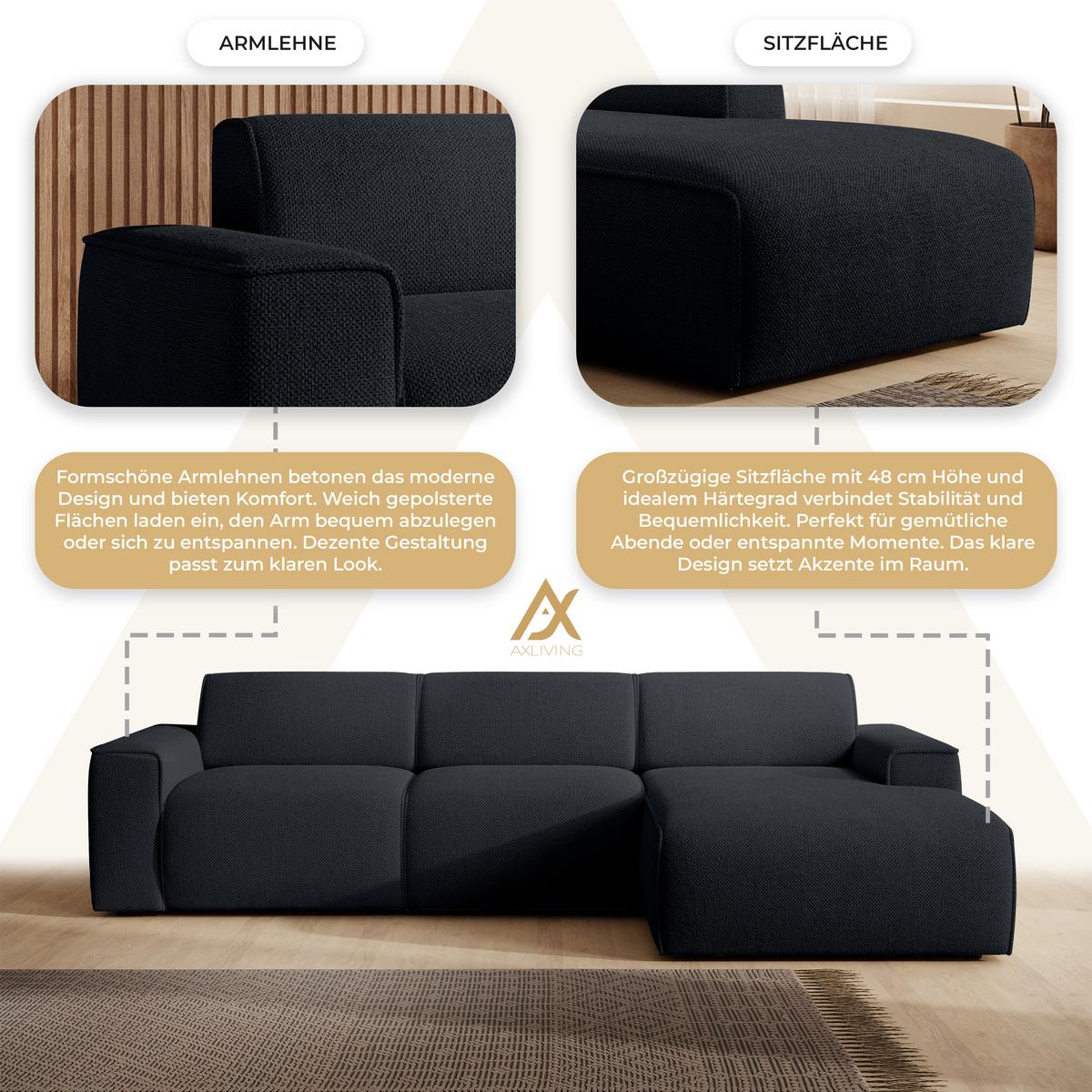 ECKSOFA L Form Didim mini Dunkelgrau 310/165/78 cm – stilvolle kleine Eckcouch R - Schwarz, Kunststoff/Textil (310/165cm) - AX Living