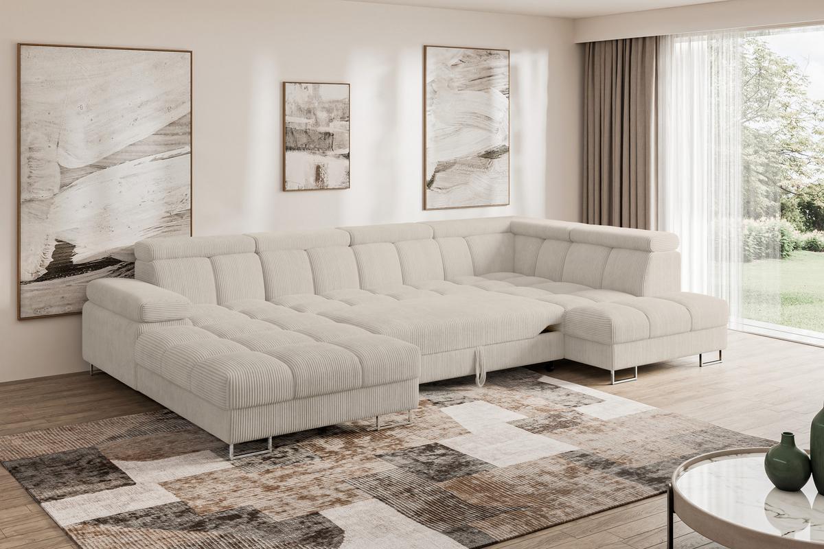 WOHNLANDSCHAFT mit Schlaffunktion und Bettkasten Ottomane RECHTS COMA U 345x203x79 Beige Cord - Beige, Holzwerkstoff/Textil (203/79/345cm) - ALTDECOR