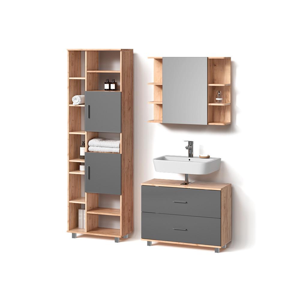 BADMÖBEL-SET Eisak Anthrazit/Goldkraft Eiche 3 Teile, mit Hochschrank - Honigeiche/Anthrazit, Holzwerkstoff (80/60/33cm) - Livinity®