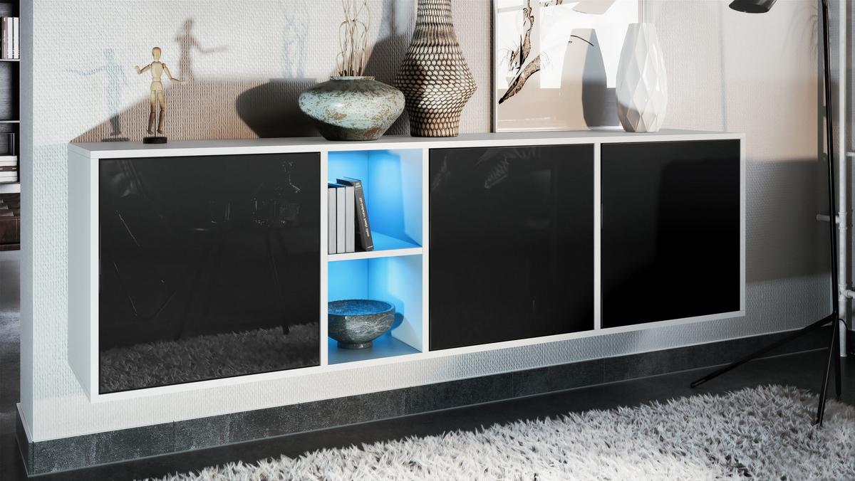 SIDEBOARD Cuba Türen in Schwarz Hochglanz - Schwarz Hochglanz, Holzwerkstoff (182/53/35cm) - Vladon