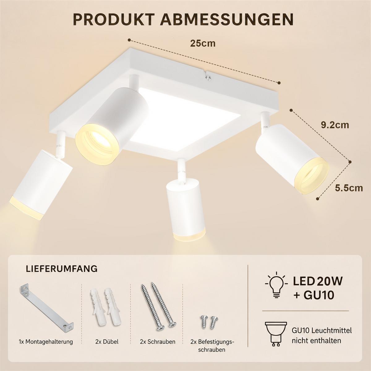 DECKENSTRAHLER Bonn 4-flammig 25/8/16.9 cm - Weiß, Metall (25/8/16.9cm) - Nettlife