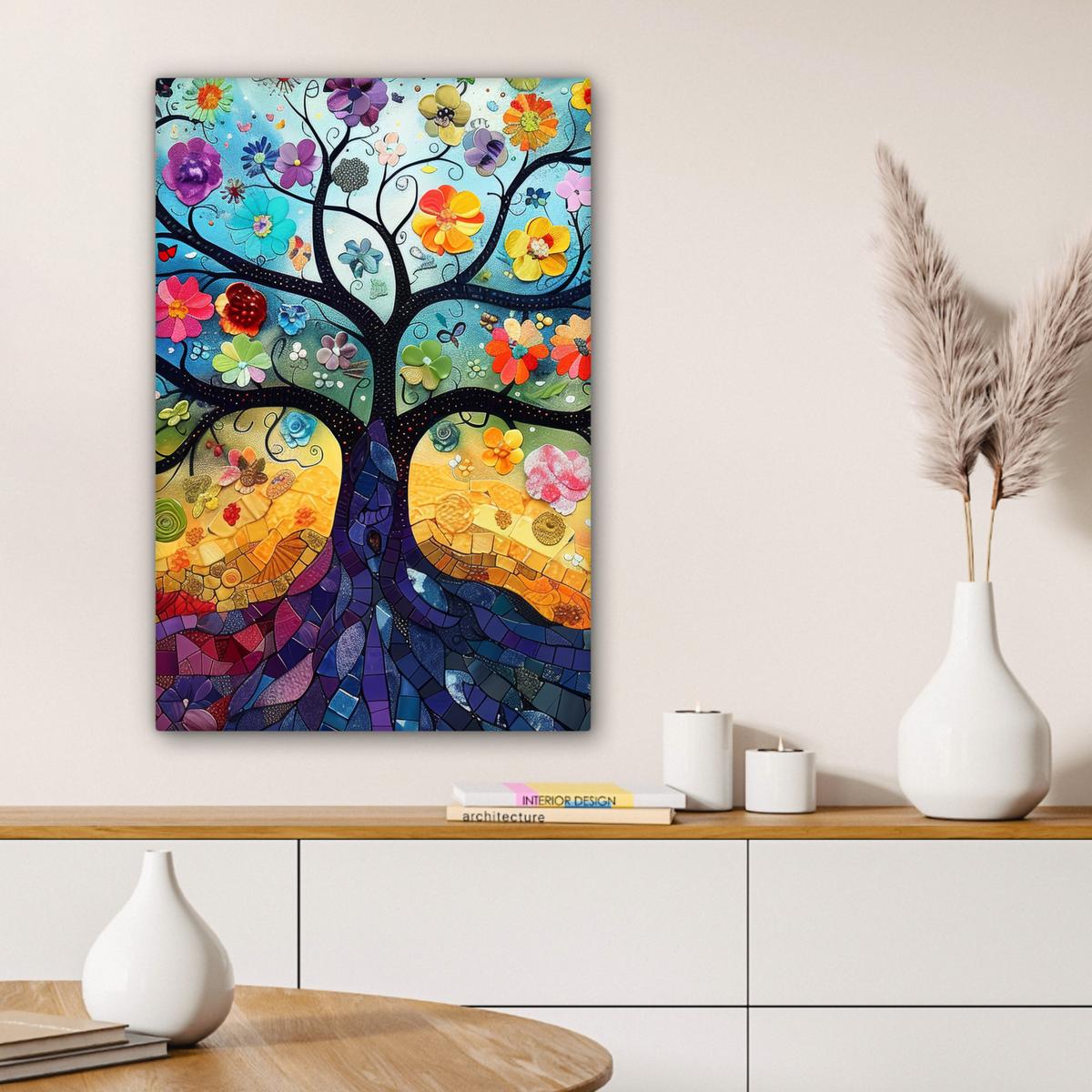 LEINWANDBILD Kunst - Baum des Lebens - Blumen - Hippie Wanddeko Schlafzimmer 60x90 cm - Dunkelblau, Textil (60/90cm) - MuchoWow