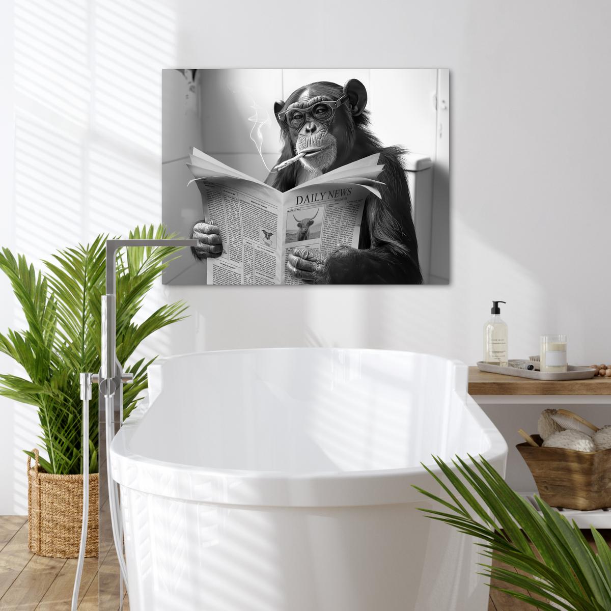 LEINWANDBILD Affe - WC - Zeitung - Schwarz-Weiß - Humor Wandbilder 80x60 cm - Hellgrau, Textil (80/60cm) - MuchoWow