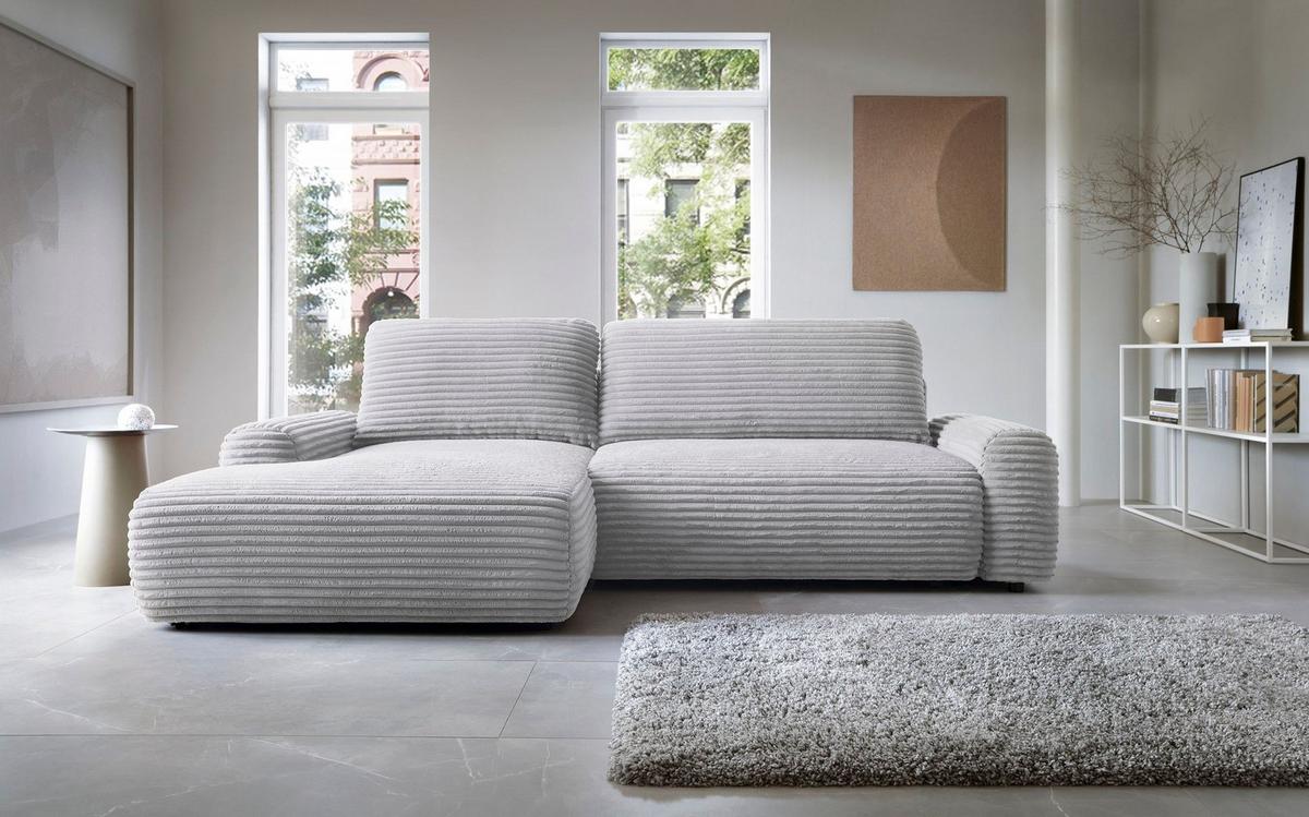 ECKSOFA OSSO Grau Velours-Stoff mit Schlaffunktion - Grau, Holz (264/162cm) - MASSENO