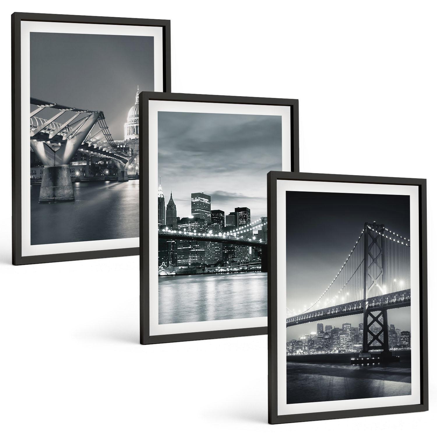 BILDER SET 3er Set - 40x60 cm Schwarzer Rahmen - Brücken, Stadtarchitektur, Grau - Schwarz, Kunststoff (40/60cm) - TULUP
