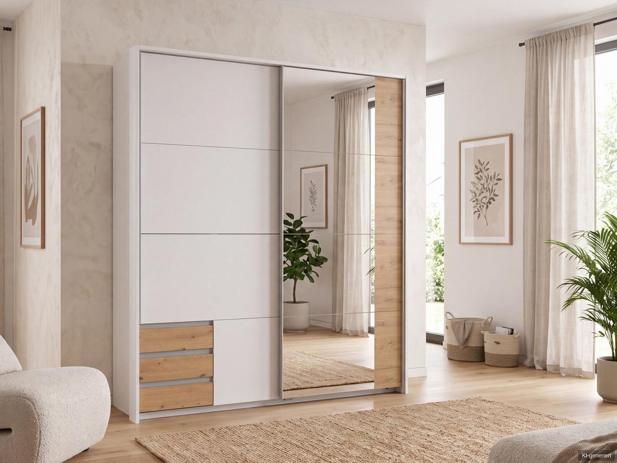 SCHWEBETÜRENSCHRANK 2-türig B183/H200/T65 cm, Passepartout-Kleiderschrank in Weiß mit Spiegel, 1x Tür & Schubkästen in Eiche Artisan Dekor / 22711 - Eichefarben/Alufarben, Holz/Holzwerkstoff (183/200/65cm) - luma-home