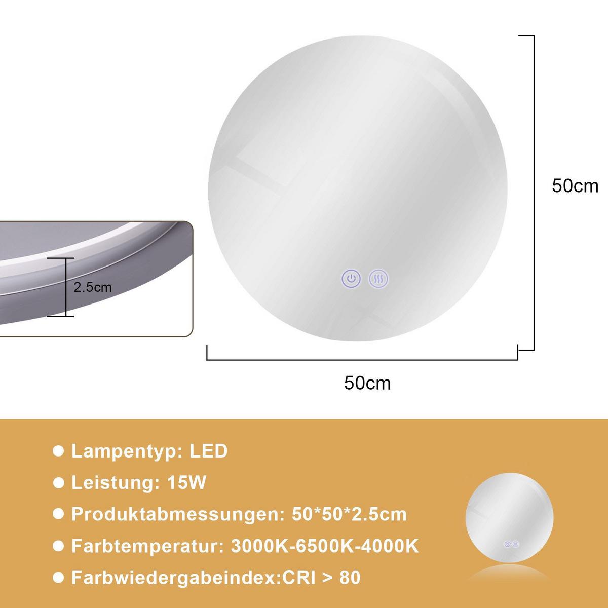 BADEZIMMERSPIEGEL Redman mit LED-Leuchte Ø50 cm - Weiß, Glas (50/3.3/50cm) - Nettlife
