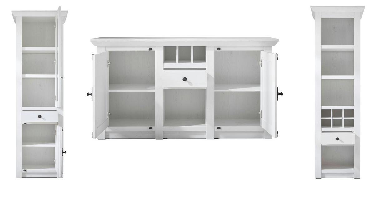 WOHNWAND 4-teilig Pinie weiß 290 cm, Wohnkombination im Landhaus-Stil - Schwarz/Weiß, Glas/Holzwerkstoff (293/207/45cm) - Furn.Design