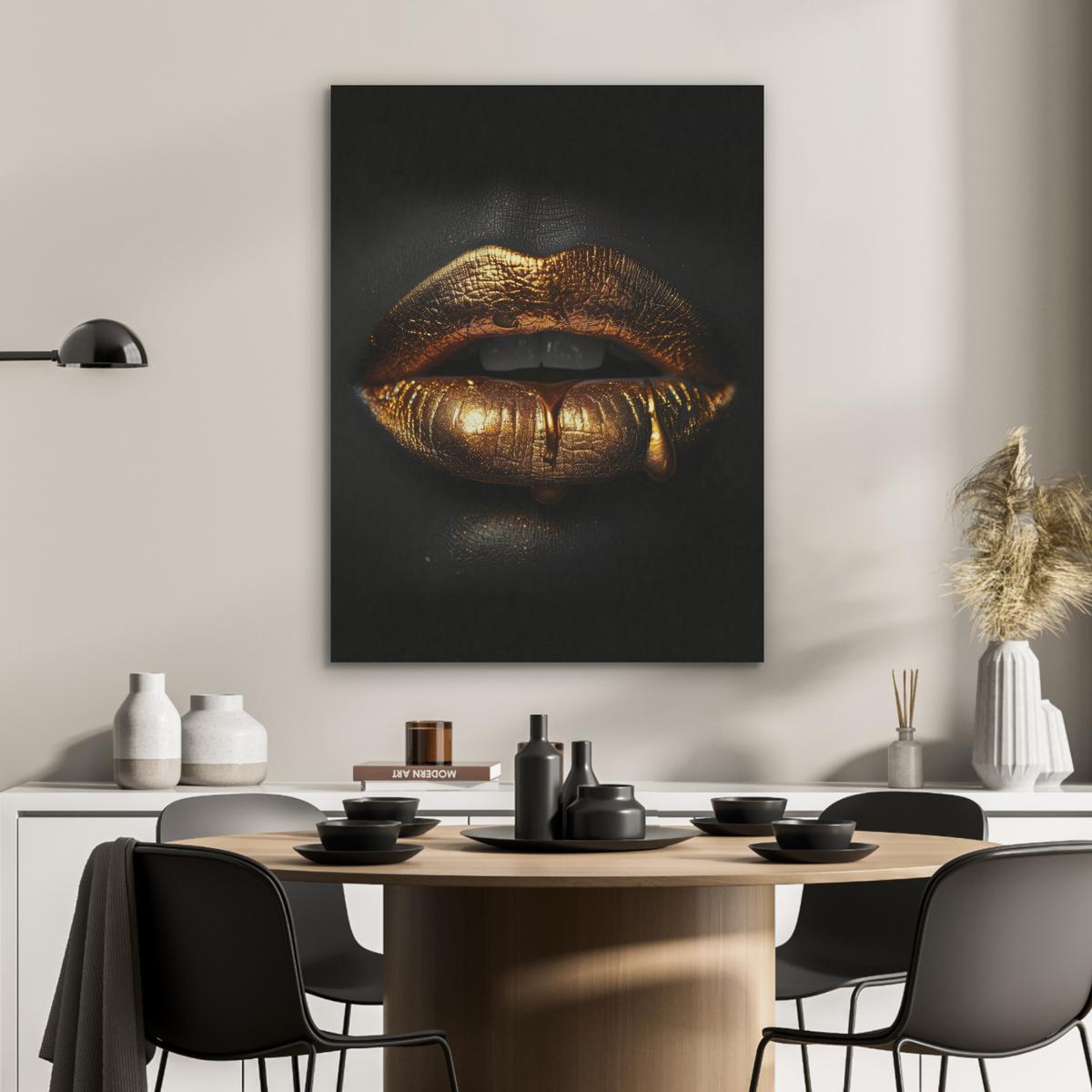 AKUSTIKBILD Frau - Porträt - Lippen - Gold - Schwarz Wandbilder 60x80 cm - Schwarz, Kunststoff (60/80/0.9cm) - MuchoWow