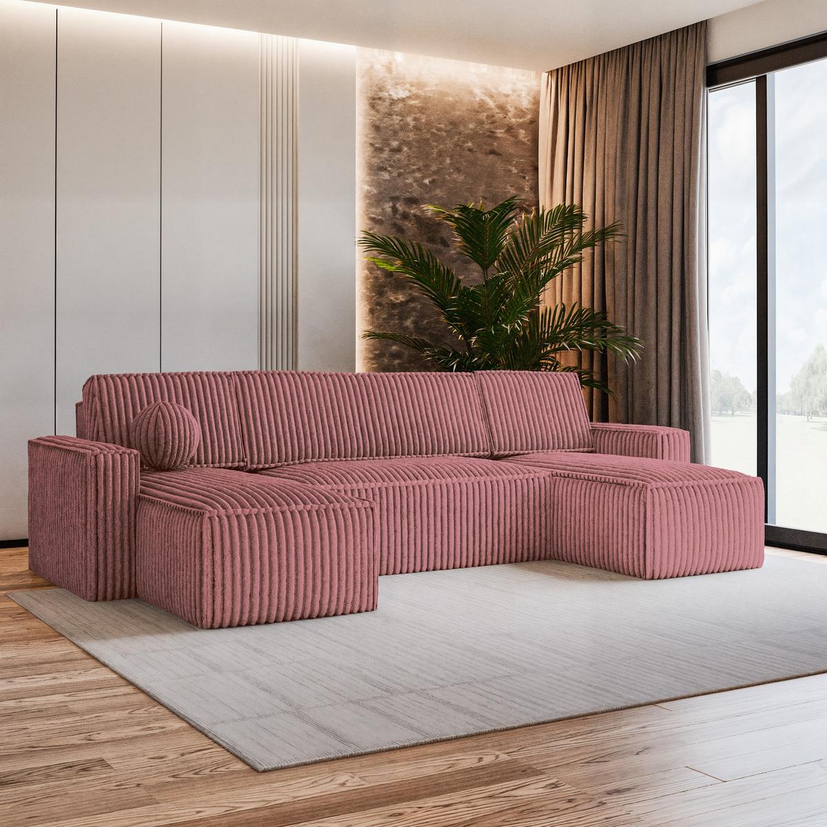 WOHNLANDSCHAFT PESANO T Rosa Kordstoff mit Schlaffunktion - Rosa/Grau, Holz/Kunststoff (306/85/140cm) - MASSENO