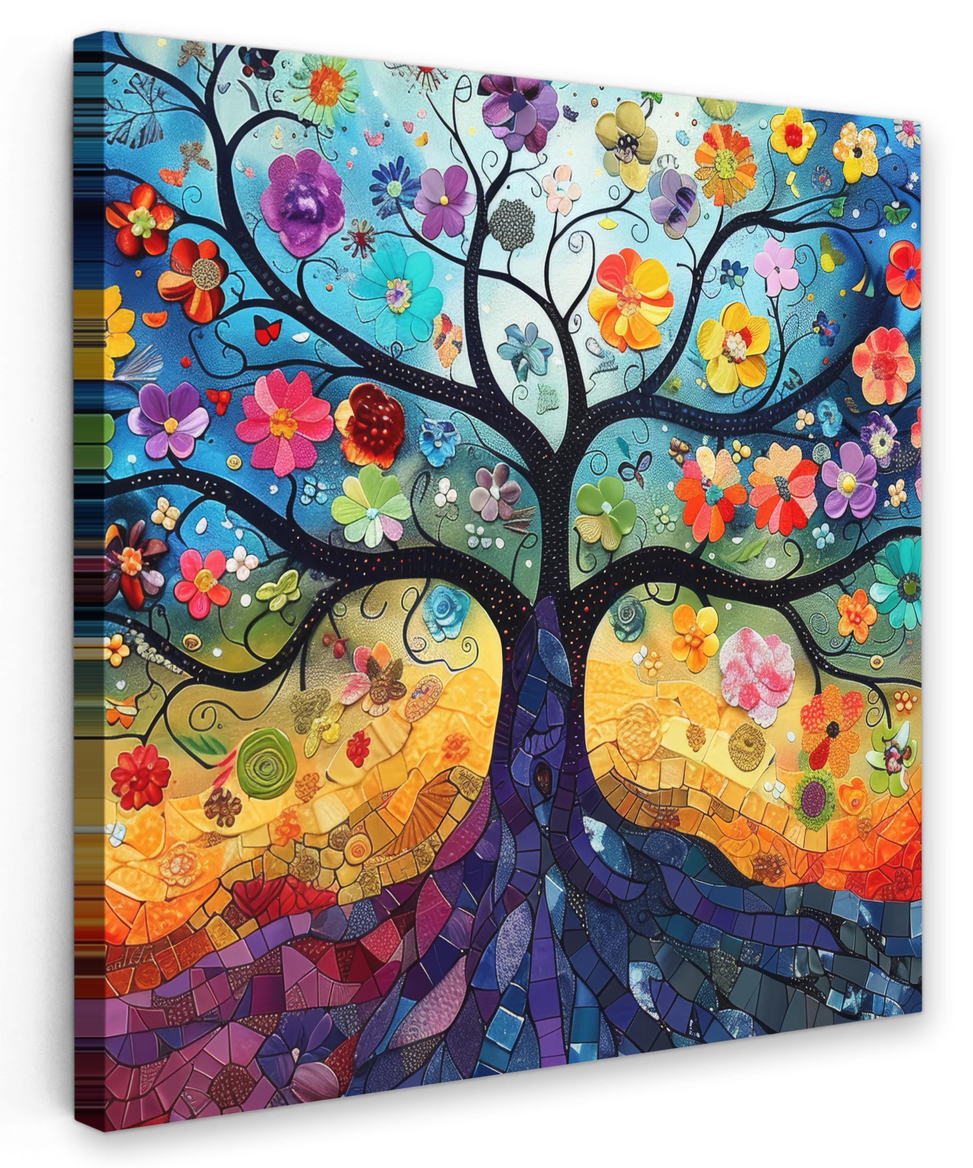 LEINWANDBILD Kunst - Baum des Lebens - Blumen - Hippie Deko Groß 90x90 cm - Dunkelblau, Textil (90/90cm) - MuchoWow