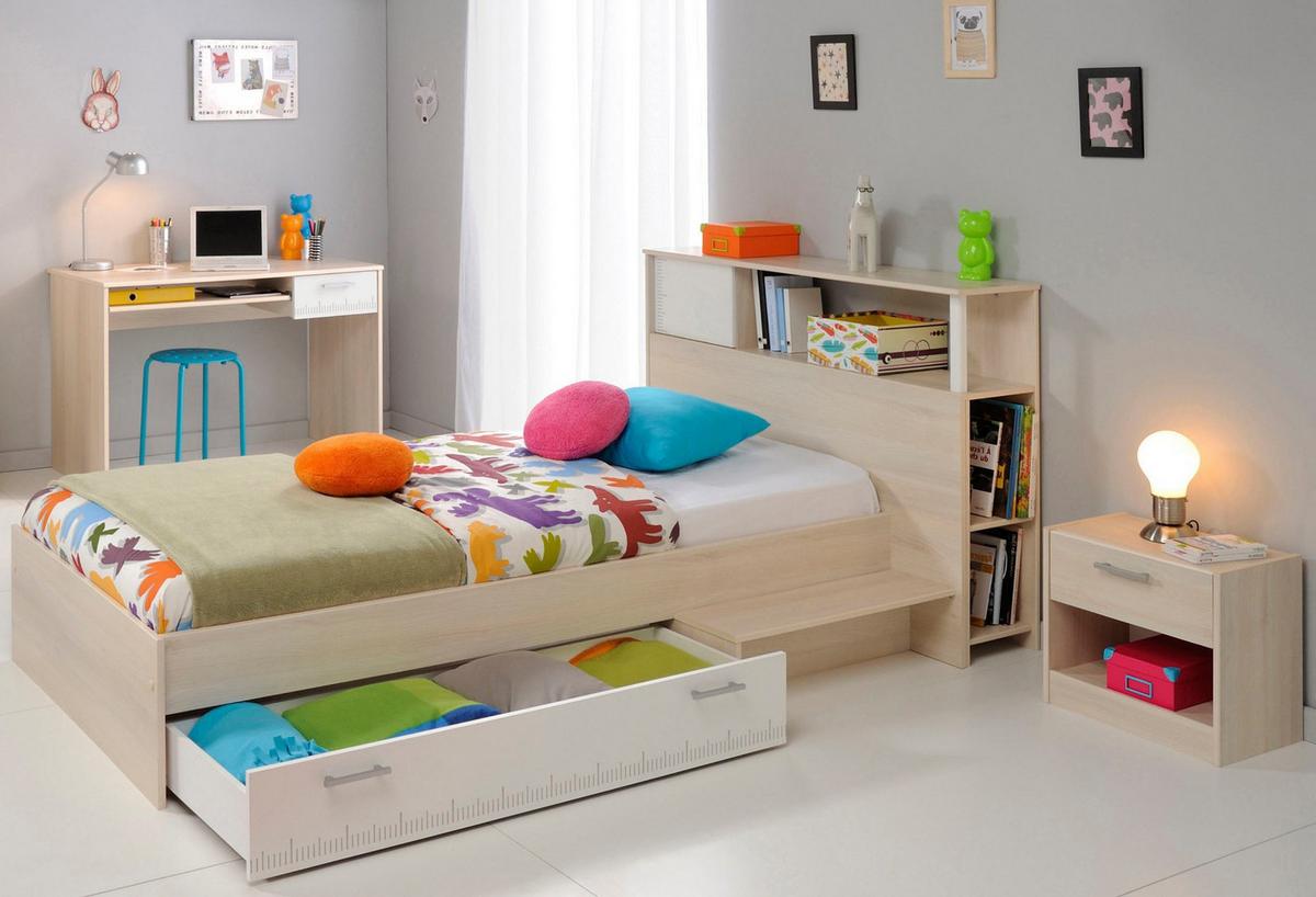 KINDERZIMMER Set 4-tlg Schreibtisch Nachttisch Stauraumbett 90 x 200 cm - Silberfarben/Weiß, Holzwerkstoff/Kunststoff (220/93/123cm) - Parisot Meuble