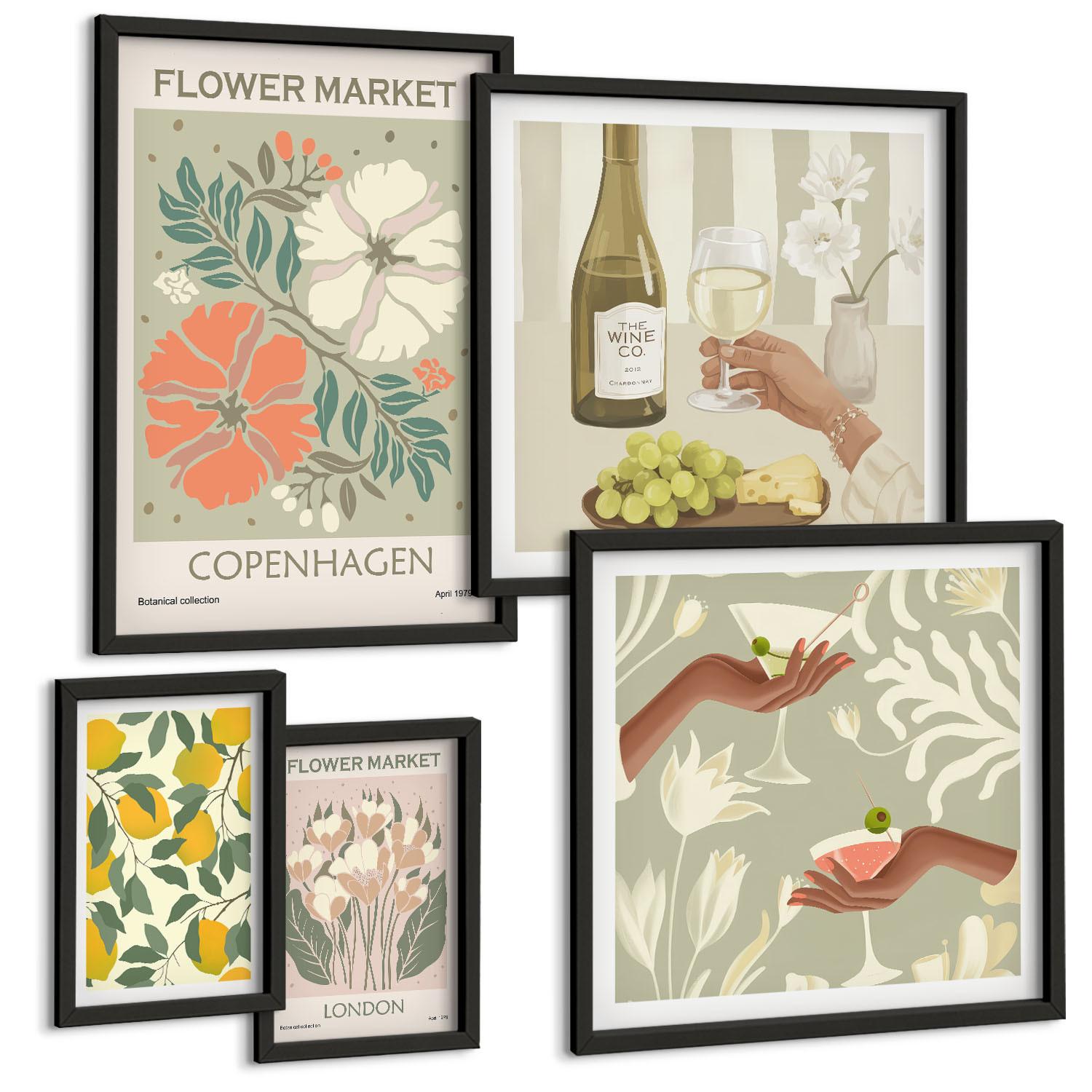 BILDER SET 5er Set - 50x50 cm & 20x30 cm & 40x60 cm Schwarzer Rahmen - Blumenmotive Rosen Paris - Schwarz, Kunststoff (40/60cm) - TULUP