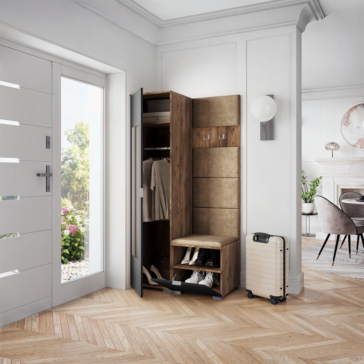 GARDEROBENSCHRANK VIRA 95/181/51 cm Modern Garderobe-Set Eiche Lefkas - Eichefarben/Schwarz, Holzwerkstoff (95/181/51cm) - MASSENO