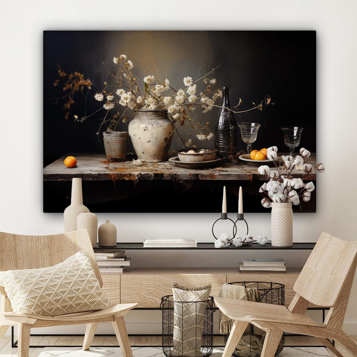 LEINWANDBILD Stilleben - Blumen - Blumenstrauß - Vase - Wein Wohnzimmer Groß 120x80 cm - Schwarz, Textil (120/80cm) - MuchoWow